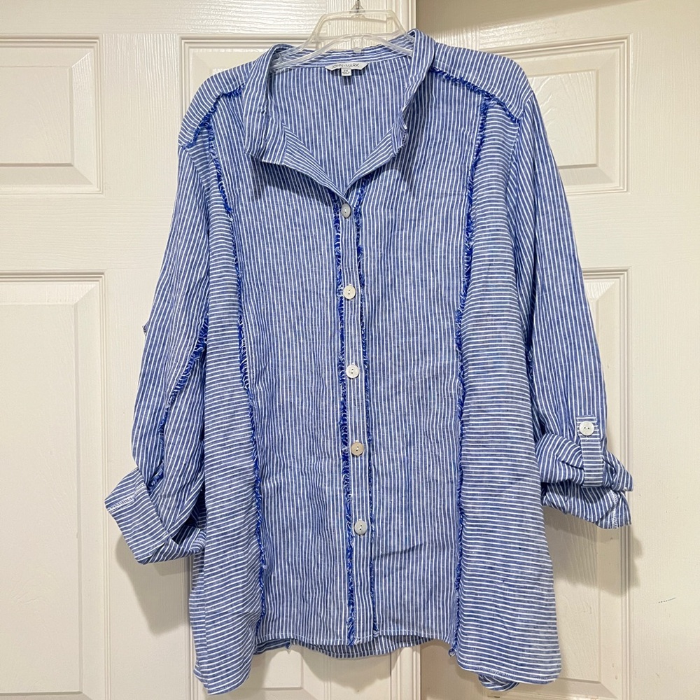 John Mark Women Sz 2XL  Blue White Striped 100% Linen Button Down Shirt Roll Tab